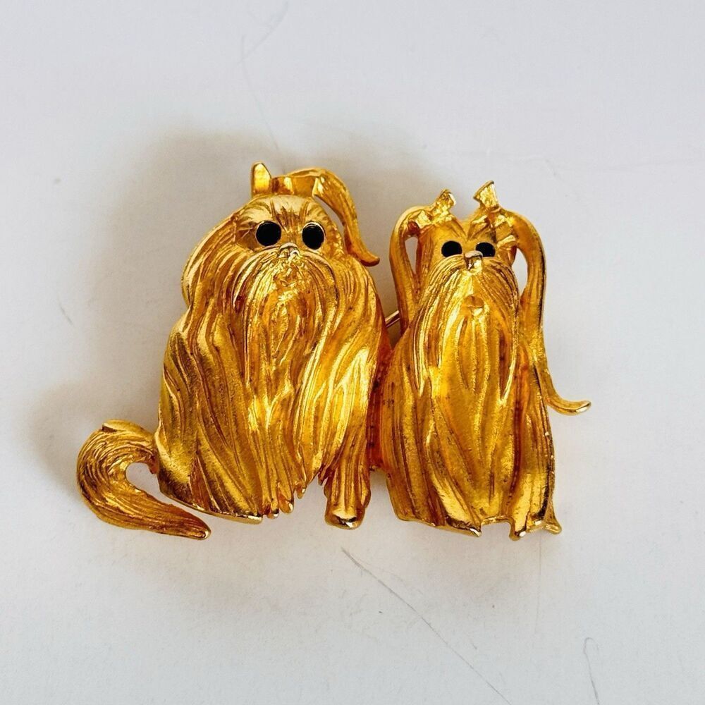 Vintage Bob Mackie gold tone double dog Lhasa Apso Brooch Two Puppies Dogs - Picture 2 of 10